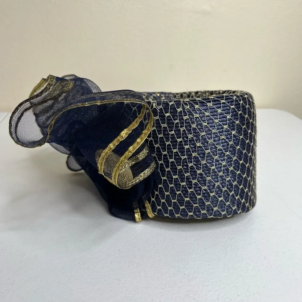 Vintage 80s Sylvia Church Lady Hat Navy Gold Metallic Mesh Netting Union Made US